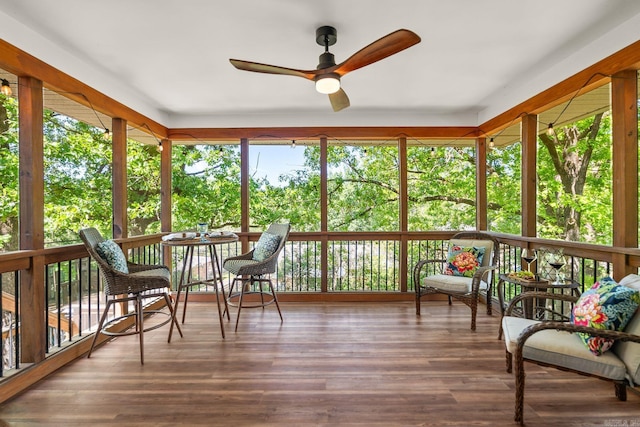 416 Ivory Dr, Little Rock, AR 72205 - sunroom / solarium with a ceiling fan, a wooden deck, and wood finished floors