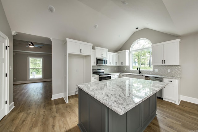 kitchen with a sink, lofted ceiling, a healthy amount of sunlight, a ceiling fan, and appliances with stainless steel finishes