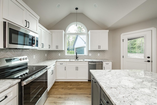 kitchen with light wood-type flooring, a sink, light stone countertops, and stainless steel appliances