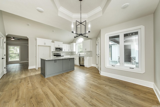 kitchen with a healthy amount of sunlight, appliances with stainless steel finishes, a center island, a tray ceiling, and white cabinetry
