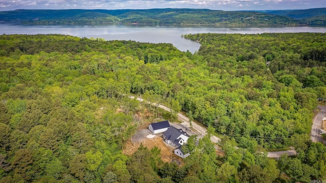 drone / aerial view featuring a water view and a wooded view