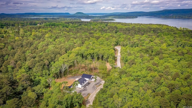birds eye view of property featuring a water view and a view of trees