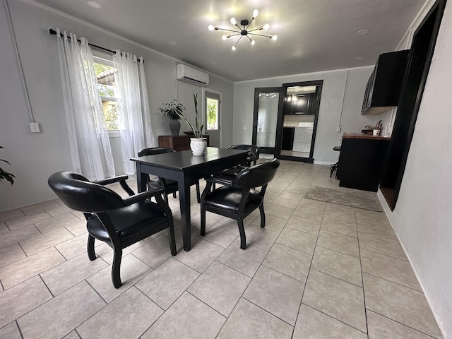 dining space with crown molding, a notable chandelier, a wall mounted AC, and light tile patterned floors