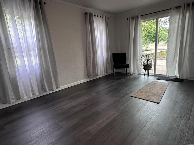 sitting room featuring crown molding and dark wood-style flooring