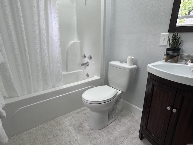 bathroom featuring tile patterned flooring, baseboards, vanity, toilet, and shower / bath combo with shower curtain