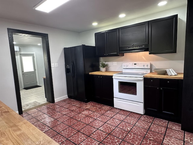kitchen featuring dark cabinetry, white range with electric stovetop, and black fridge with ice dispenser