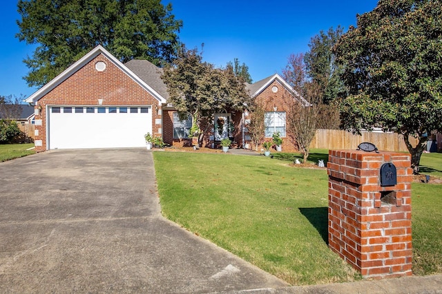 view of front of property featuring brick siding, a garage, a front lawn, and concrete driveway