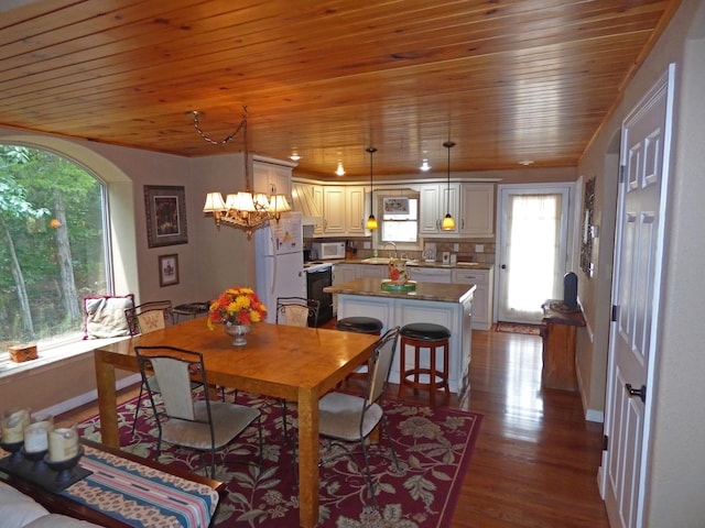 dining room featuring dark wood finished floors, wooden ceiling, and a healthy amount of sunlight