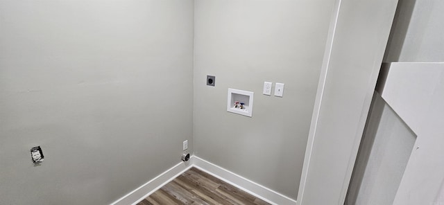 1620 S Harrison St, Little Rock, AR 72204 - washroom with hookup for an electric dryer, dark wood-style floors, baseboards, and hookup for a washing machine