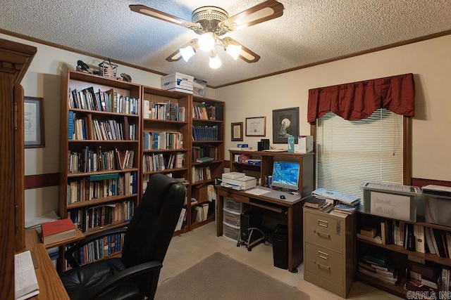 office area with crown molding, a textured ceiling, and ceiling fan
