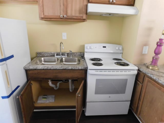 215 E 22nd St, Little Rock, AR 72206 - kitchen featuring white appliances, brown cabinets, under cabinet range hood, and a sink
