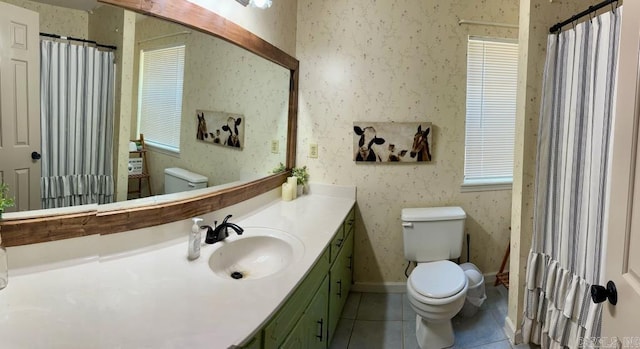 885 Mount Carmel Rd, Cabot, AR 72023 - full bathroom featuring toilet, wallpapered walls, vanity, tile patterned floors, and a shower with curtain