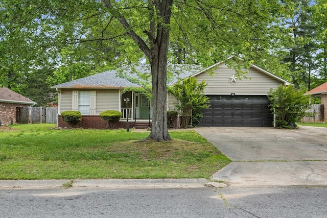 ranch-style home with a porch, a front yard, a garage, fence, and concrete driveway