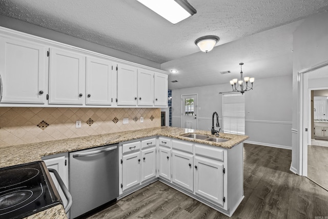 kitchen featuring a sink, white cabinets, a peninsula, and dishwasher