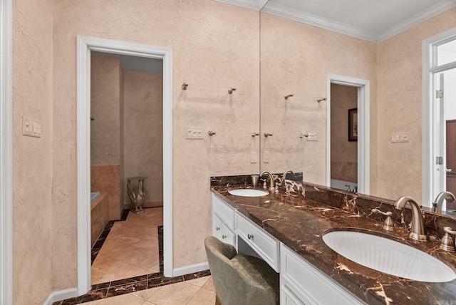 bathroom featuring double vanity, a washtub, a sink, and tile patterned flooring