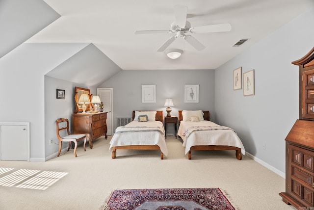 bedroom with a ceiling fan, baseboards, visible vents, and carpet