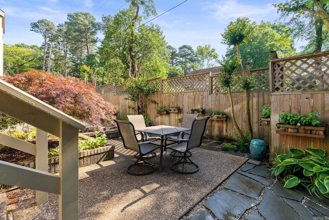 view of patio with a fenced backyard and outdoor dining space