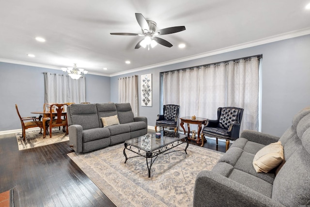 living area with crown molding, baseboards, wood-type flooring, ceiling fan with notable chandelier, and recessed lighting