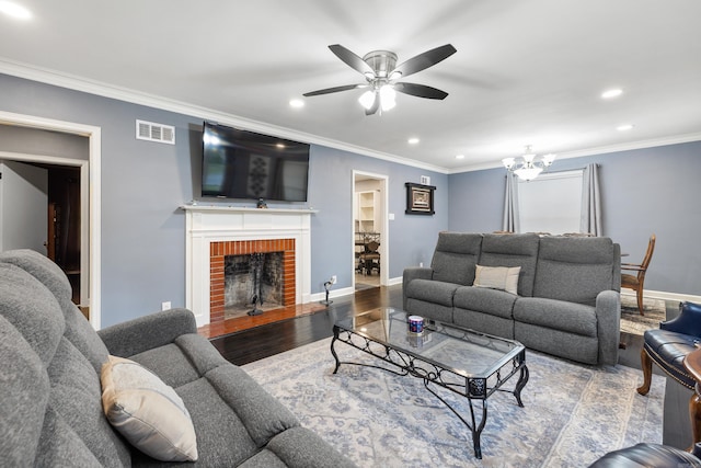 living area with ceiling fan, recessed lighting, wood finished floors, and visible vents
