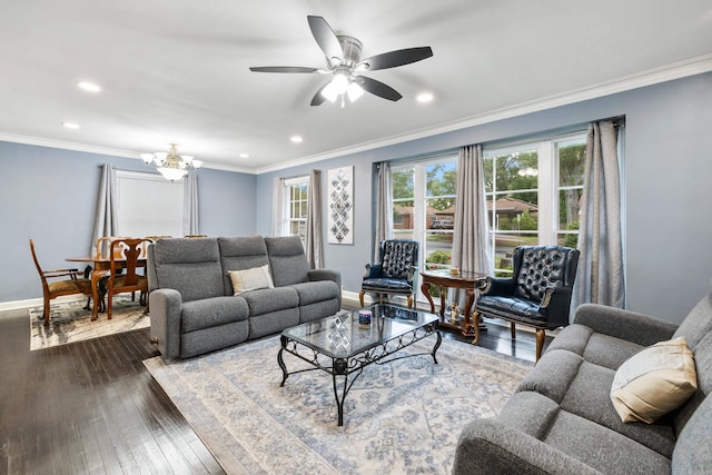 living area with recessed lighting, baseboards, ceiling fan with notable chandelier, and hardwood / wood-style floors