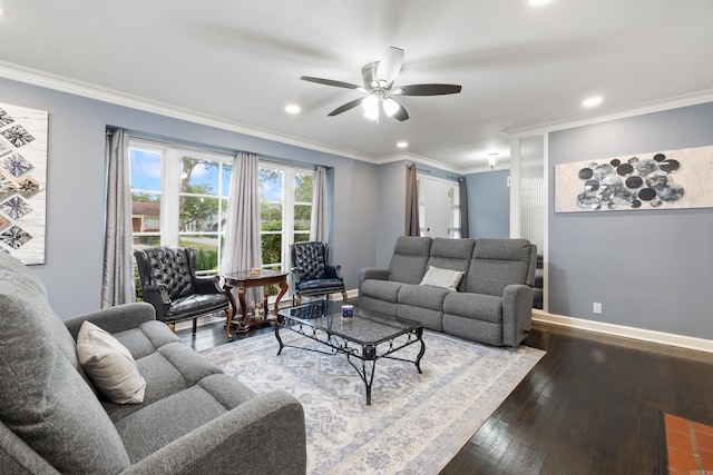 living area featuring recessed lighting, ceiling fan, ornamental molding, and hardwood / wood-style flooring