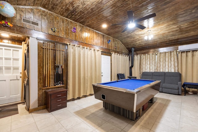 rec room with a ceiling fan, billiards, vaulted ceiling, visible vents, and wood ceiling