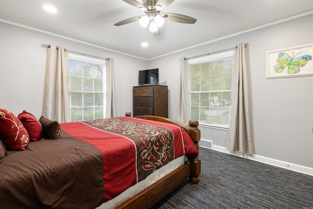carpeted bedroom with recessed lighting, baseboards, a ceiling fan, visible vents, and ornamental molding