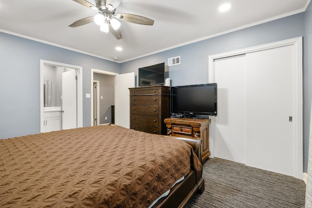 carpeted bedroom with ornamental molding, recessed lighting, ceiling fan, and visible vents