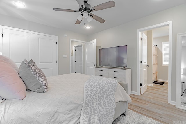 538 Maple St, Trumann, AR 72472 - bedroom with light wood finished floors, recessed lighting, baseboards, a ceiling fan, and a closet