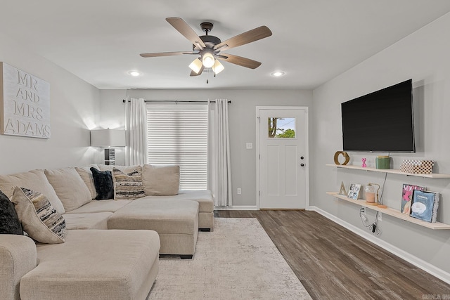 538 Maple St, Trumann, AR 72472 - living room with baseboards, ceiling fan, recessed lighting, and wood finished floors