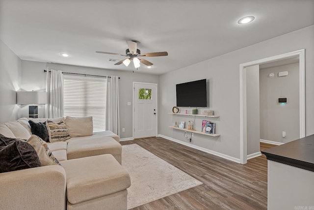 538 Maple St, Trumann, AR 72472 - living room with baseboards, a ceiling fan, dark wood-style floors, and recessed lighting
