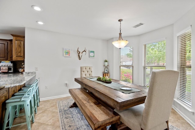 dining space featuring visible vents, recessed lighting, baseboards, and light tile patterned flooring