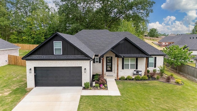 modern farmhouse featuring brick siding, a front lawn, and board and batten siding