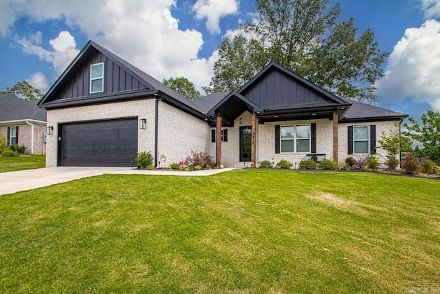 craftsman-style home featuring a front lawn, brick siding, a garage, board and batten siding, and concrete driveway