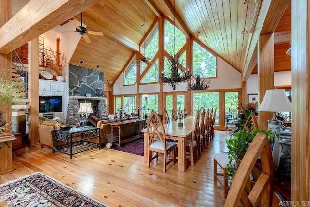 dining space with a fireplace, a ceiling fan, high vaulted ceiling, and hardwood / wood-style floors
