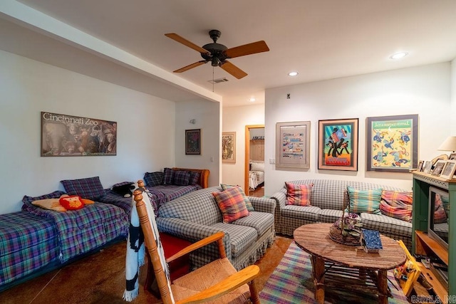 carpeted bedroom featuring visible vents, recessed lighting, and ceiling fan