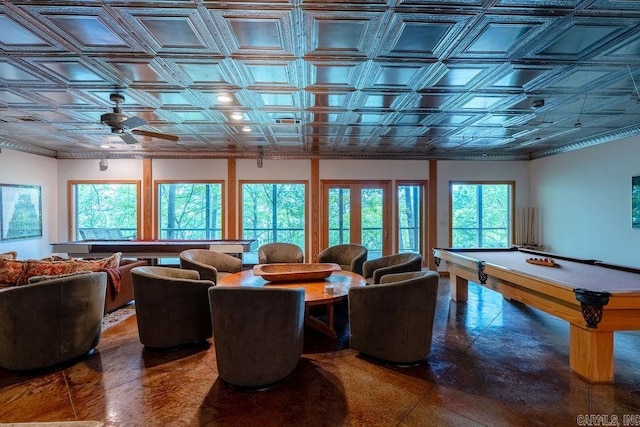 recreation room featuring pool table, an ornate ceiling, and a ceiling fan
