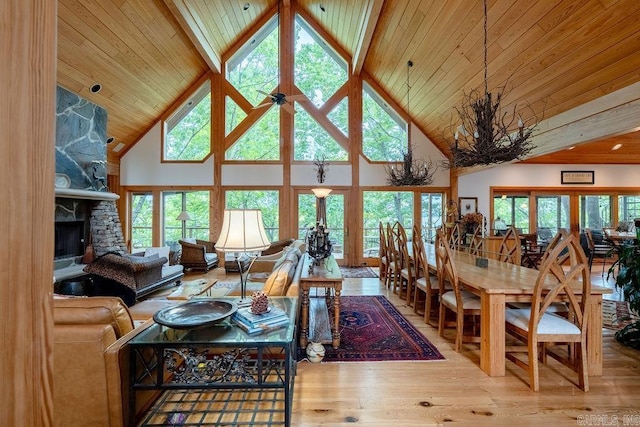 living area with high vaulted ceiling, wooden ceiling, and hardwood / wood-style floors
