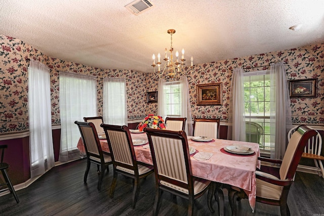 6311 Country Ln, Pine Bluff, AR 71603 - dining space featuring visible vents, a textured ceiling, wainscoting, and wallpapered walls