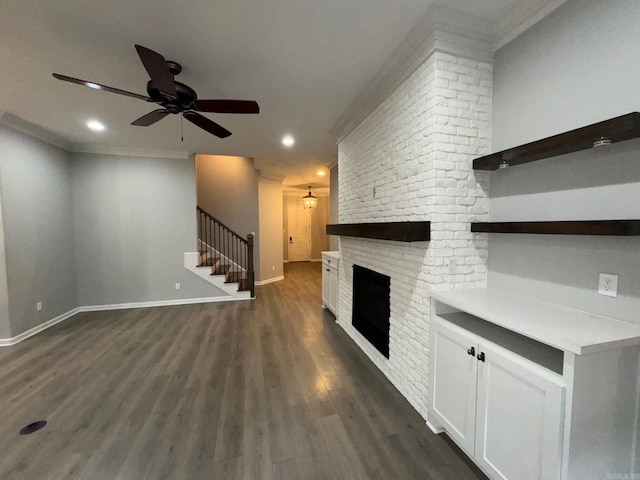 4321 Sloan, Alexander, AR 72002 - unfurnished living room featuring ceiling fan, dark wood-style floors, ornamental molding, and stairway