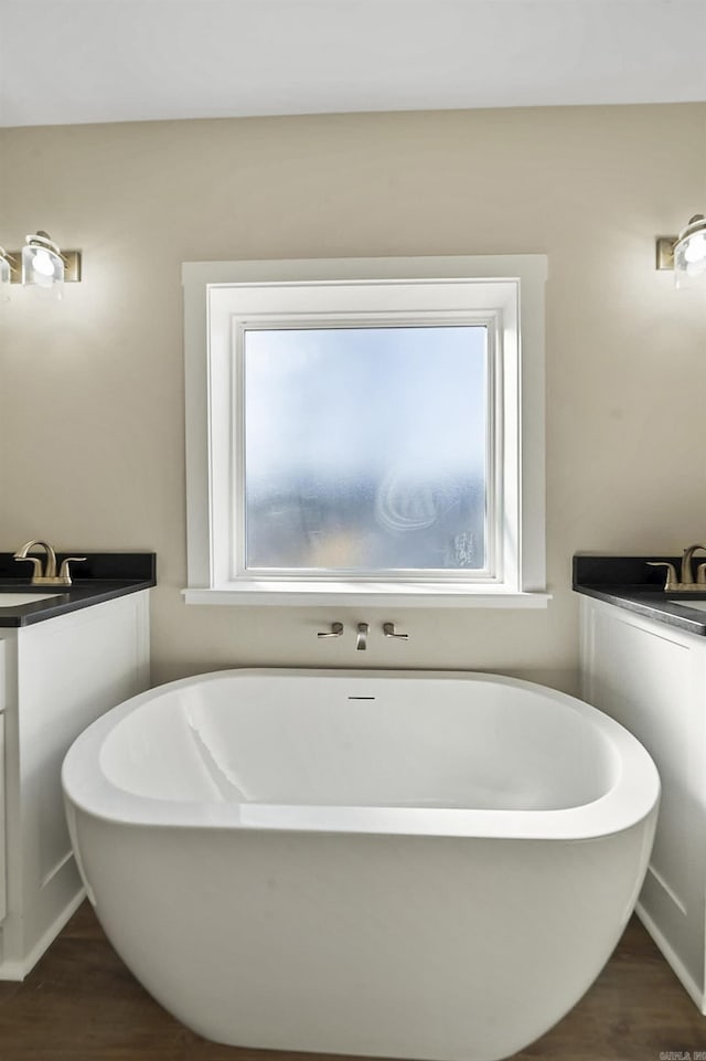 bathroom featuring vanity, a soaking tub, and wood finished floors