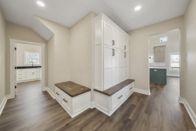 mudroom with dark wood-style flooring, visible vents, a sink, baseboards, and recessed lighting