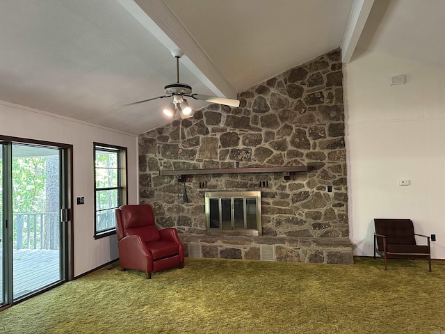 unfurnished living room featuring carpet floors, lofted ceiling with beams, and ceiling fan