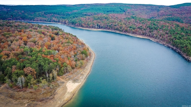 aerial view featuring a forest view and a water view