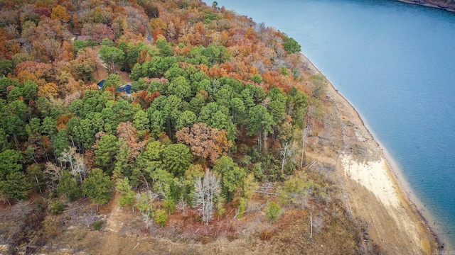 birds eye view of property with a water view and a wooded view