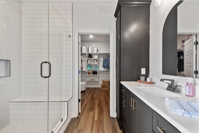 bathroom with wood finished floors, a stall shower, a spacious closet, and vanity