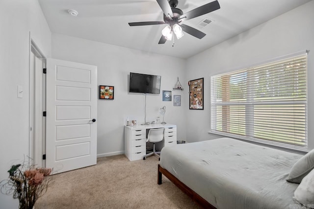 bedroom featuring carpet floors, ceiling fan, baseboards, and visible vents