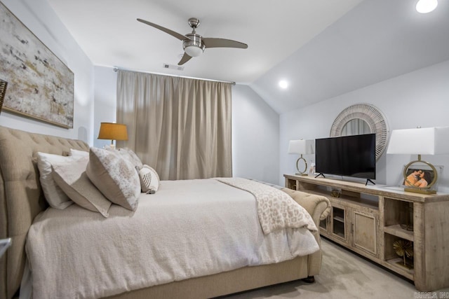 702 Wildcreek Cir, Little Rock, AR 72223 - bedroom with ceiling fan, light carpet, lofted ceiling, and visible vents
