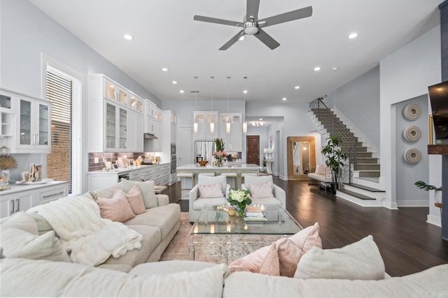 702 Wildcreek Cir, Little Rock, AR 72223 - living area featuring stairway, recessed lighting, a ceiling fan, and dark wood-style floors