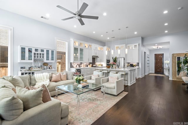 702 Wildcreek Cir, Little Rock, AR 72223 - living area with recessed lighting, ceiling fan, dark wood-style floors, and visible vents